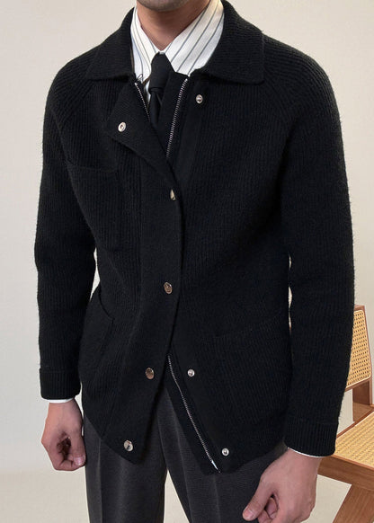 Simple Black Zip Up Pockets Cotton Knit Coat