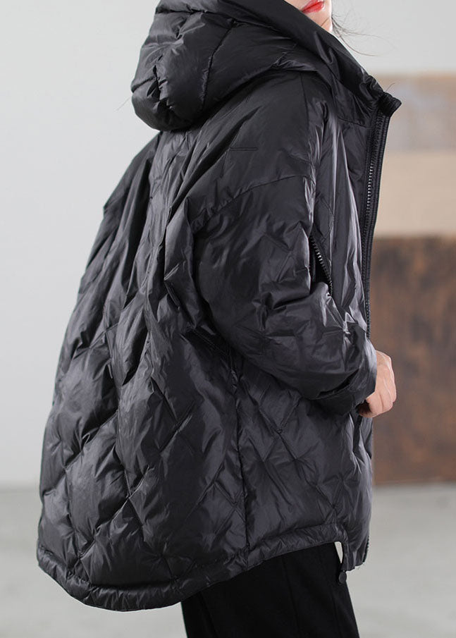 Simple Black Zip Up Drawstring Duck Down Down Coat Winter