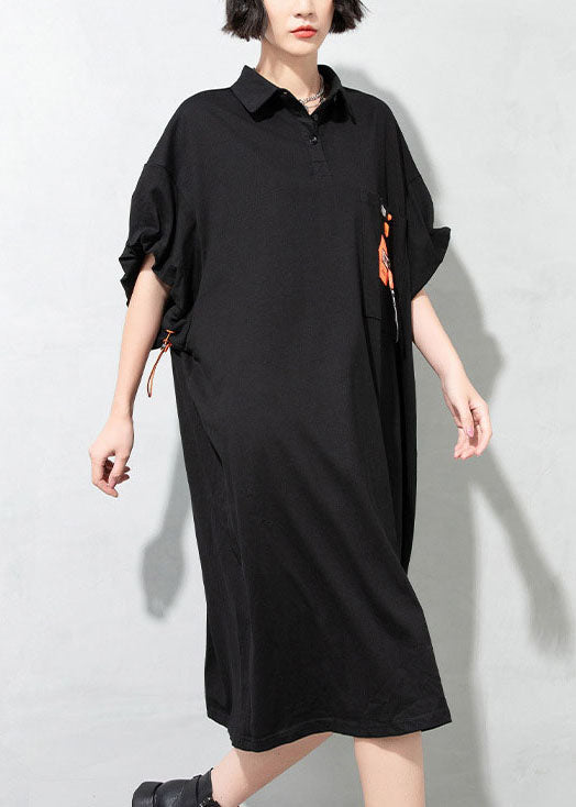 Simple Black Drawstring Pockets Peter Pan Collar Dresses Half Sleeve