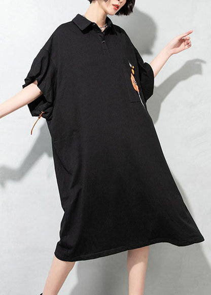Simple Black Drawstring Pockets Peter Pan Collar Dresses Half Sleeve
