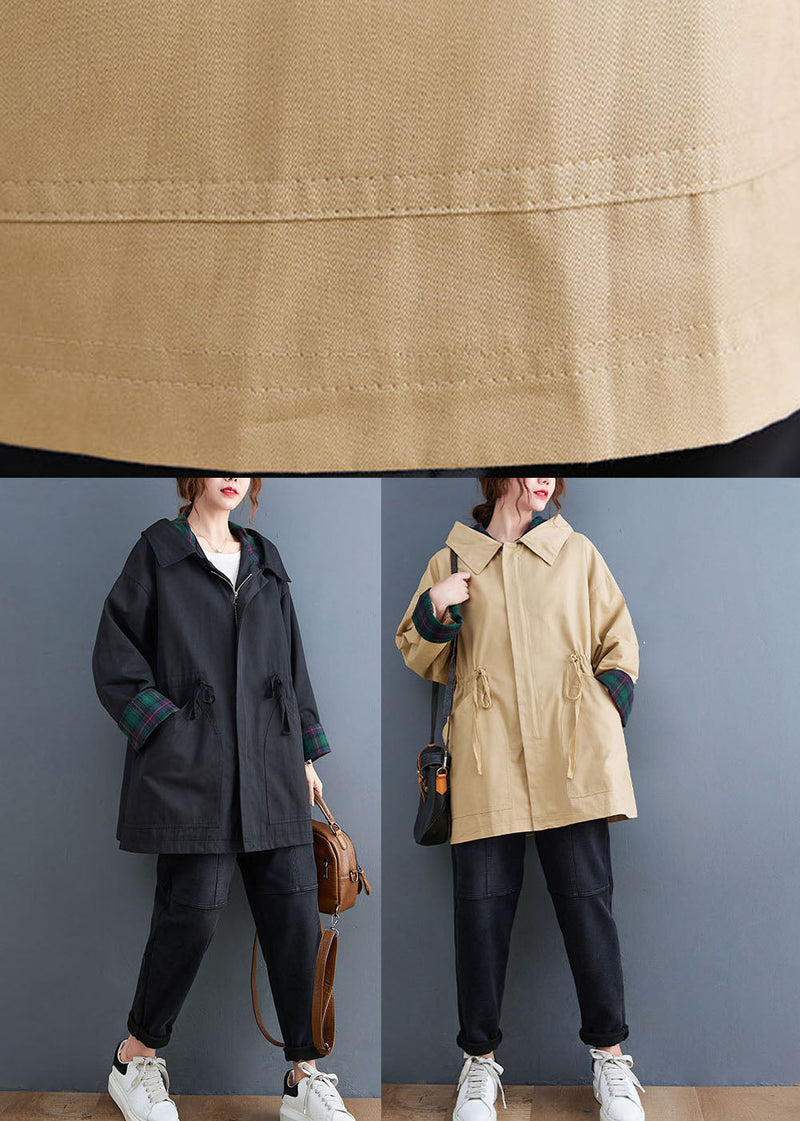 Simple Black Zippered Fall Hooded Trench Coats