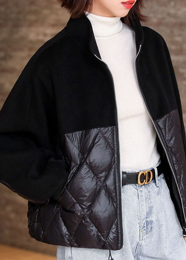 Black Zippered Patchwork Winter Puffer Jacket Down Coats