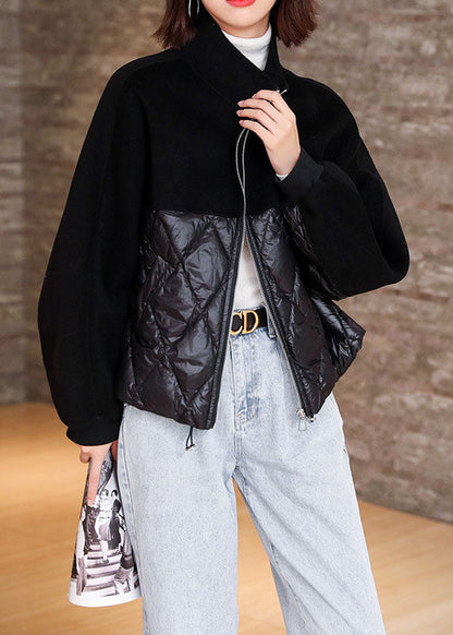Black Zippered Patchwork Winter Puffer Jacket Down Coats