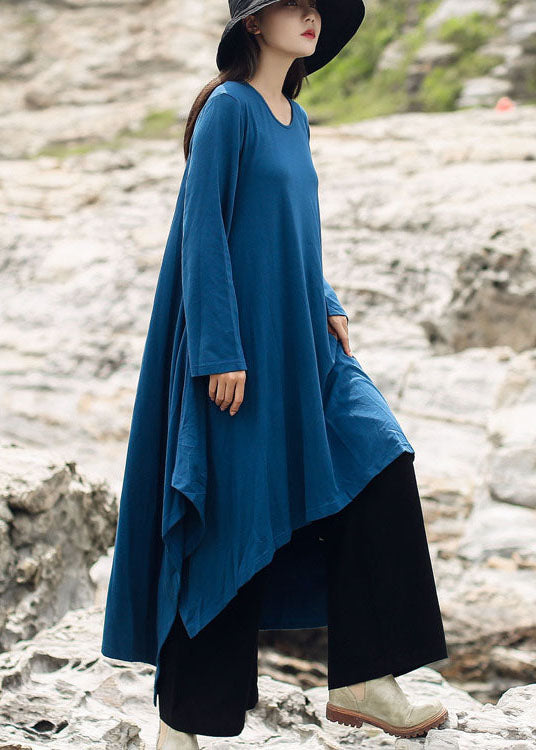 Simple Blue Asymmetrical Cotton Dress Spring