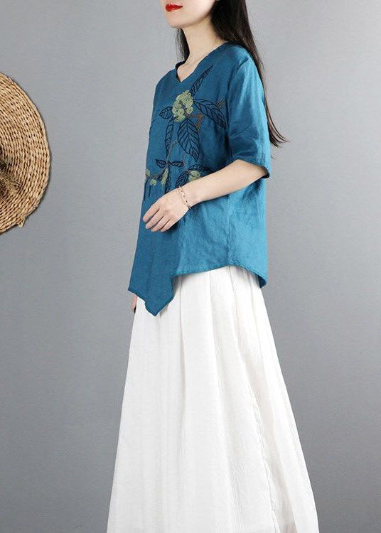 Simple Blue Asymmetrical Tie Waist Cotton Tops Half Sleeve