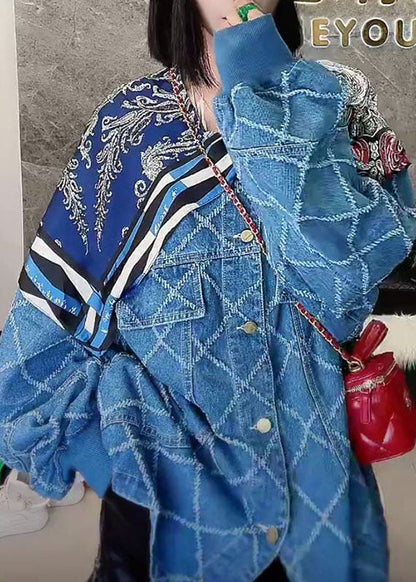 Simple Blue Button Patchwork Print Fall Coats Long sleeve