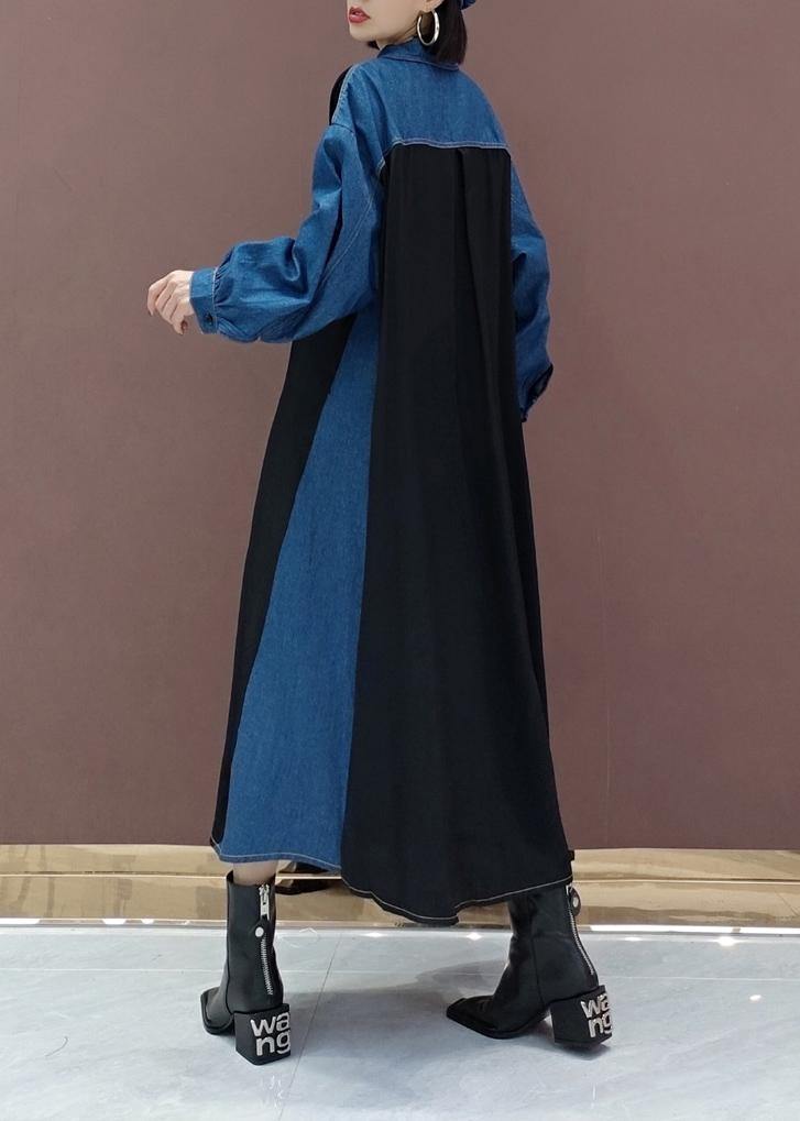 Simple Blue Dresses Lapel Patchwork Robe Spring Dress