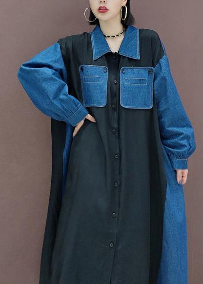 Simple Blue Dresses Lapel Patchwork Robe Spring Dress