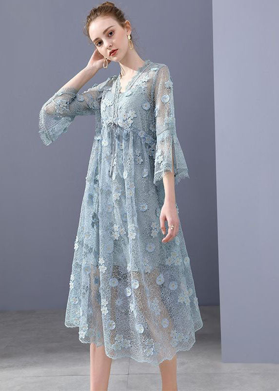 Simple Blue Embroideried Hollow Out Lace Dress Flare Sleeve