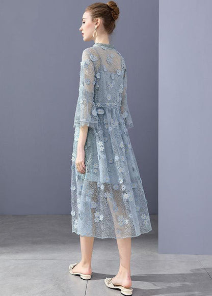 Simple Blue Embroideried Hollow Out Lace Dress Flare Sleeve