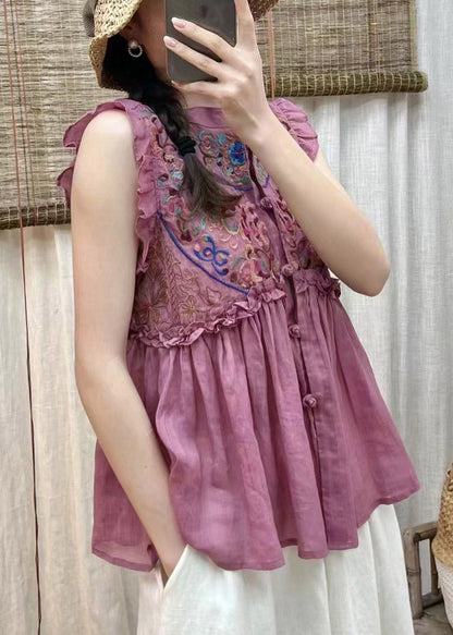 Simple Blue Embroideried Ruffles Button Linen Top Short Sleeve