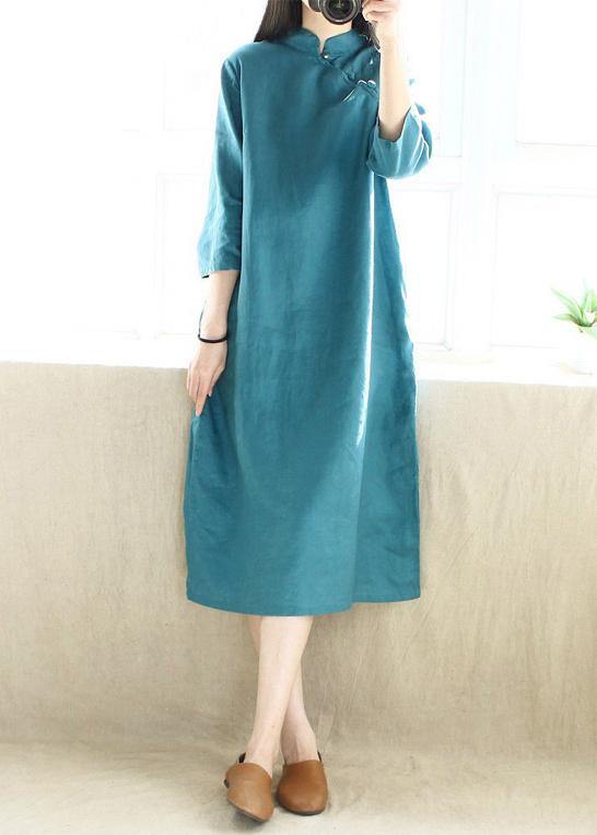 Simple Blue Green Tunics Stand Collar Half Sleeve Maxi Dress