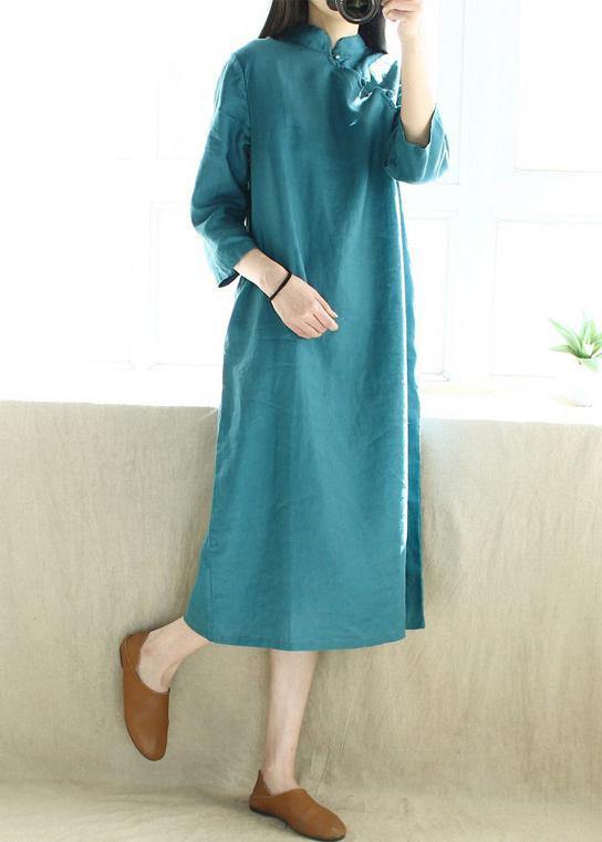 Simple Blue Green Tunics Stand Collar Half Sleeve Maxi Dress