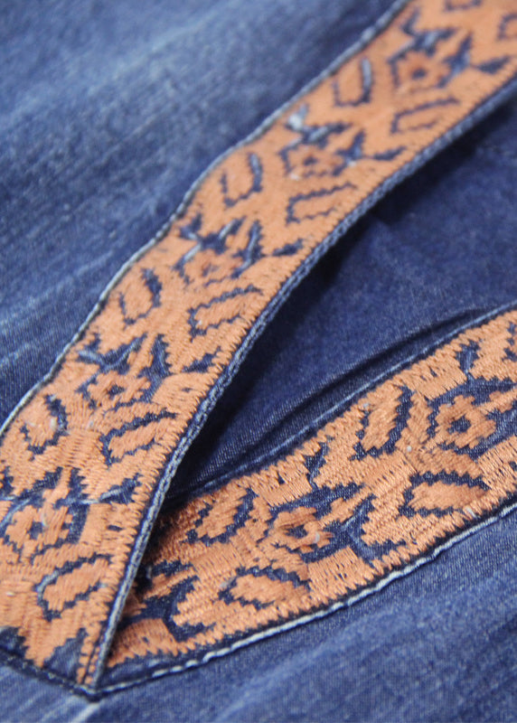 Simple Blue O-neck Embroideried Patchwork Cotton Tops Lantern Sleeve