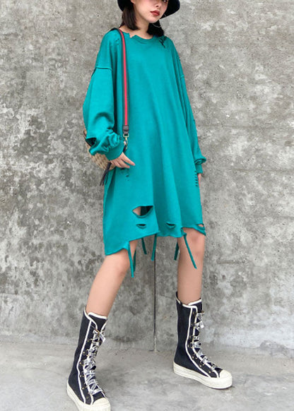 Simple Blue O-Neck Loose Hole Fall Sweatshirt Street wear
