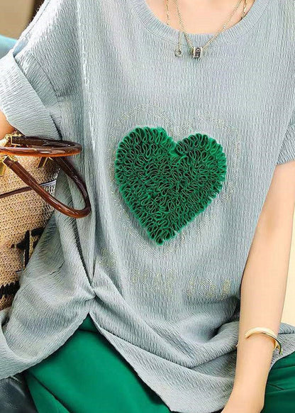 Simple Blue O-neck Loving Heart T Shirts Summer