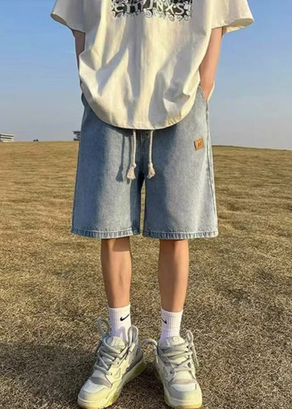 Simple Blue Pockets Drawstring Denim Shorts Summer