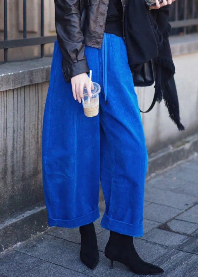 Simple Blue Pockets Elastic Waist Corduroy Wide Leg Pants Spring