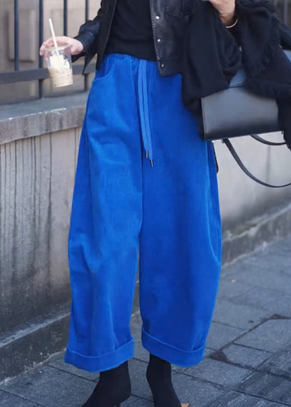 Simple Blue Pockets Elastic Waist Corduroy Wide Leg Pants Spring