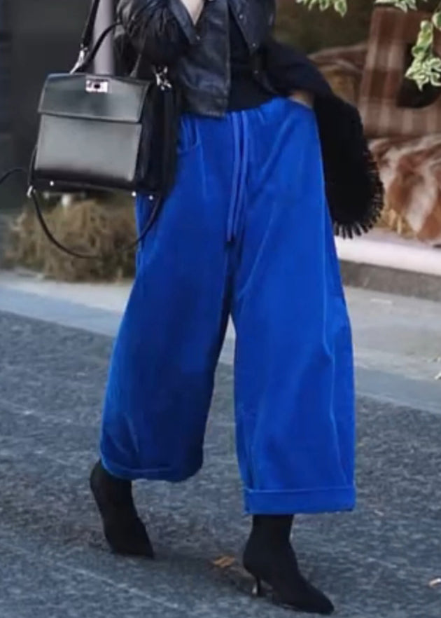 Simple Blue Pockets Elastic Waist Corduroy Wide Leg Pants Spring
