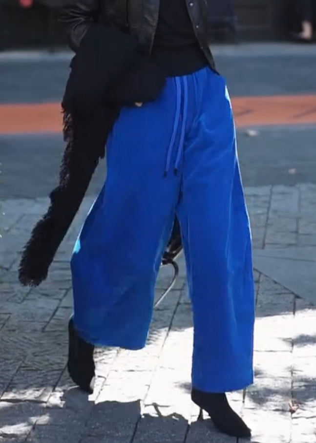Simple Blue Pockets Elastic Waist Corduroy Wide Leg Pants Spring