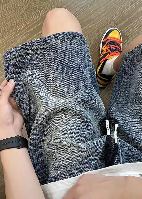 Simple Blue Pockets Elastic Waist Denim Shorts Summer