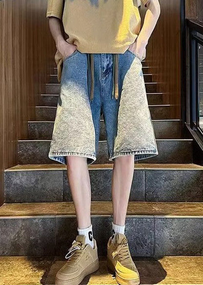 Simple Blue Pockets Elastic Waist Denim Shorts Summer