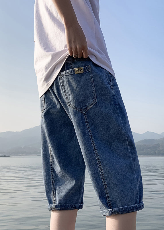 Simple Blue Pockets Elastic Waist Denim Crop Pants Summer
