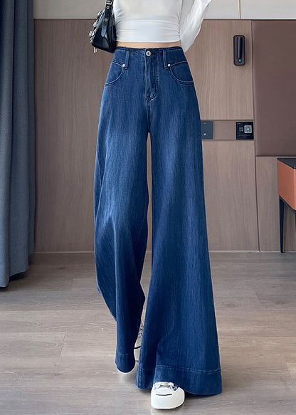 Simple Blue Pockets High Waist Denim Flared Trousers Fall