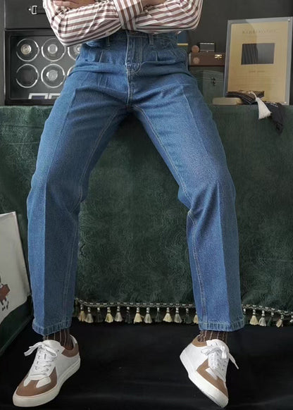 Simple Blue Pockets High Waist Denim Pants Fall