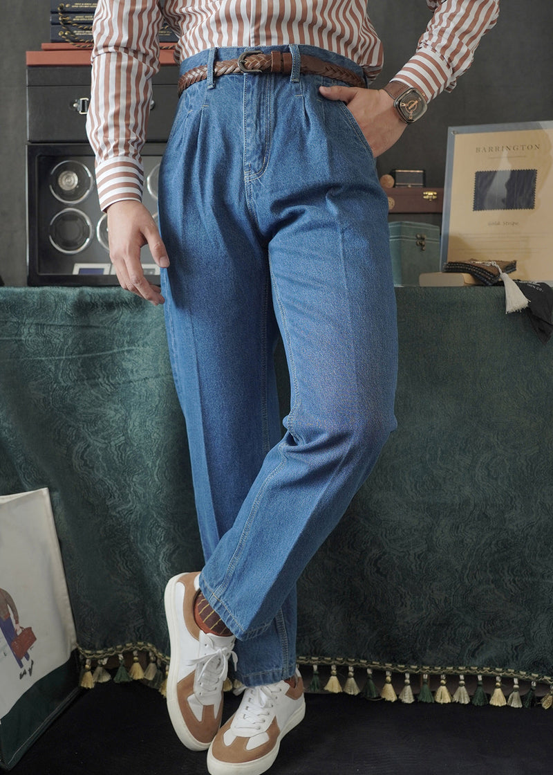 Simple Blue Pockets High Waist Denim Pants Fall