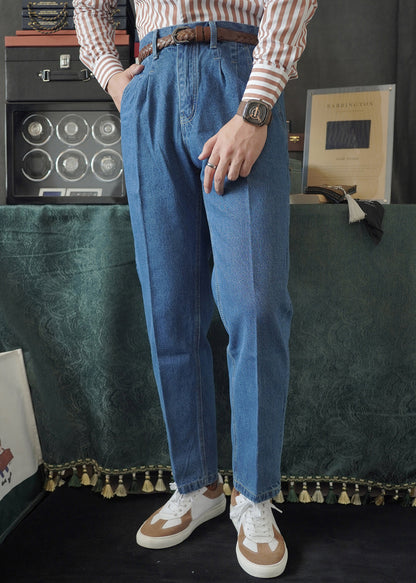 Simple Blue Pockets High Waist Denim Pants Fall
