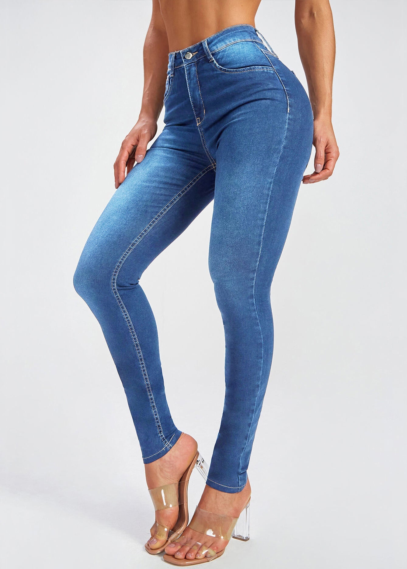 Simple Blue Pockets High Waist Denim Pants Summer