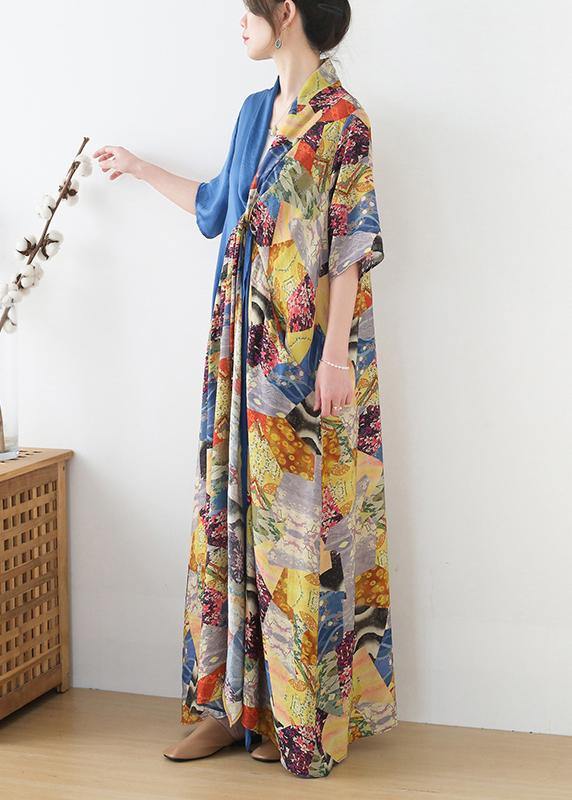 Simple Blue Print Patchwork Summer Chiffon Dress