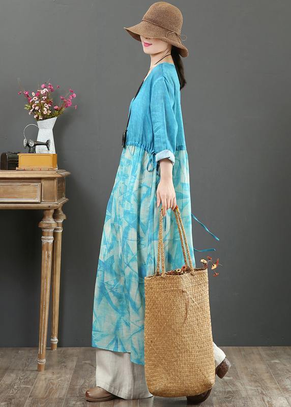 Simple Blue Print Tunic Pattern V Neck Patchwork a Line Spring Dress