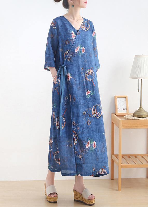 Simple Blue Print Tie Waist Long Dresses Summer Ramie