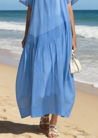 Simple Blue Square Collar Wrinkled Cotton Long Dresses Summer