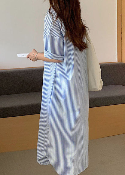 Simple Blue Striped Long Shirts Cotton Dress Short Sleeve