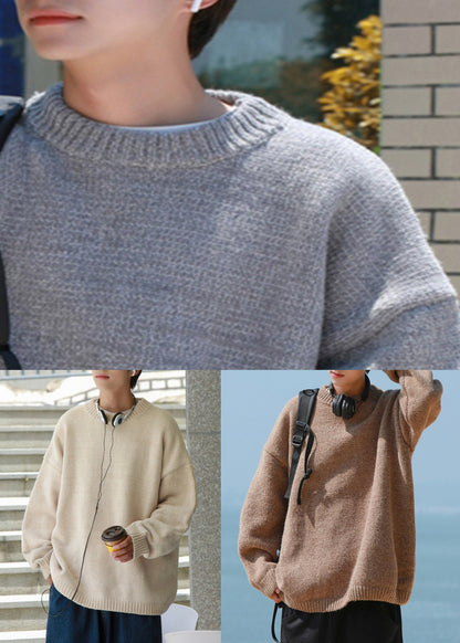 Simple Brown O-neck Knit Sweater Fall