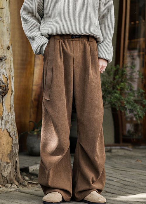 Simple Brown Pockets High Waist Warm Fleece Corduroy Pants Spring