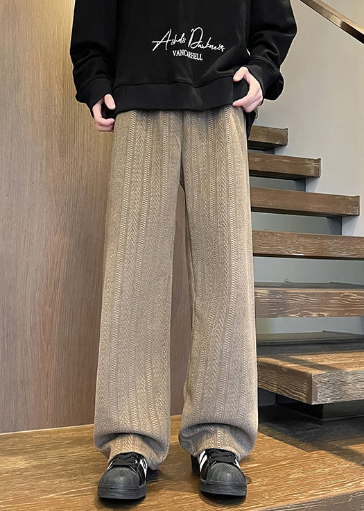 Simple Brown Pockets Elastic Waist Chenille Pants Fall