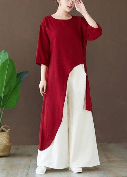 Simple Burgundy Tops Blouses O Neck Asymmetric Shirts