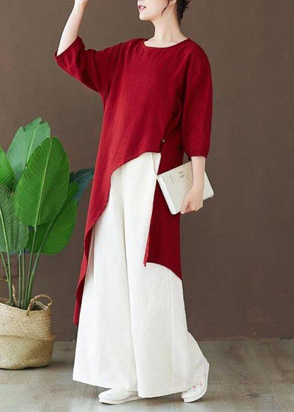 Simple Burgundy Tops Blouses O Neck Asymmetric Shirts