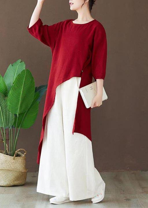 Simple Burgundy Tops Blouses O Neck Asymmetric Shirts