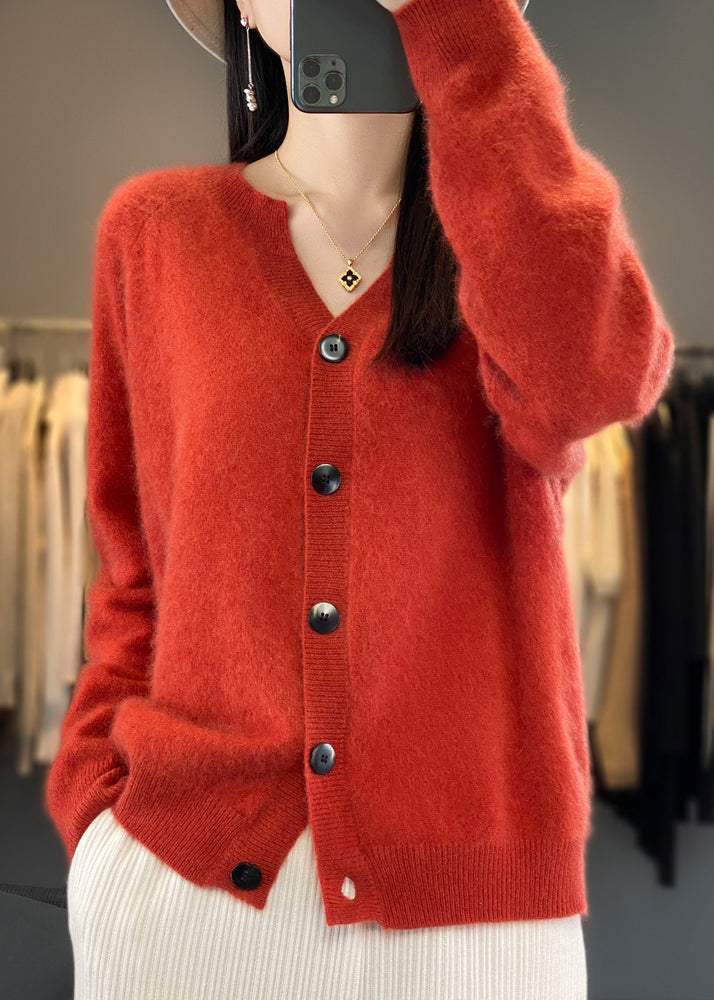 Simple Camel V Neck Button Cashmere Cardigan Long Sleeve