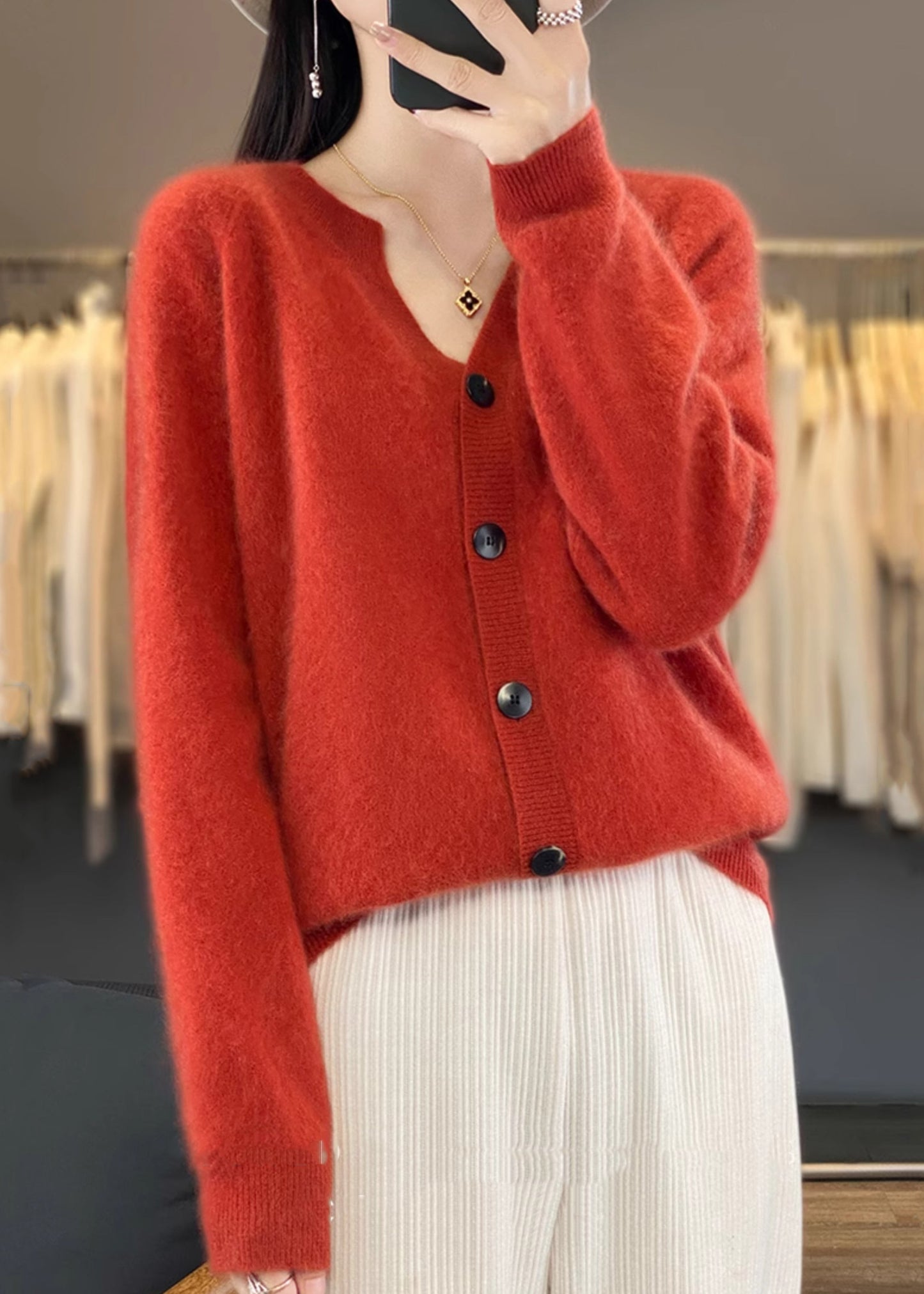 Simple Camel V Neck Button Cashmere Cardigan Long Sleeve