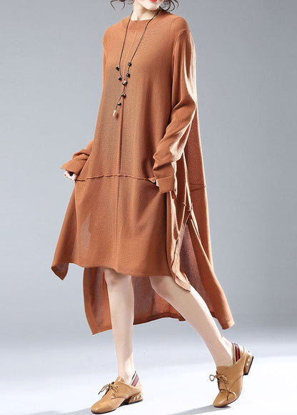 Simple Caramel O Neck Low High Design Patchwork Knit Knitwear Dress Fall