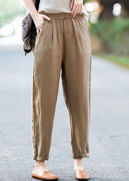 Simple Blue Pockets Elastic Waist Linen Pants Summer