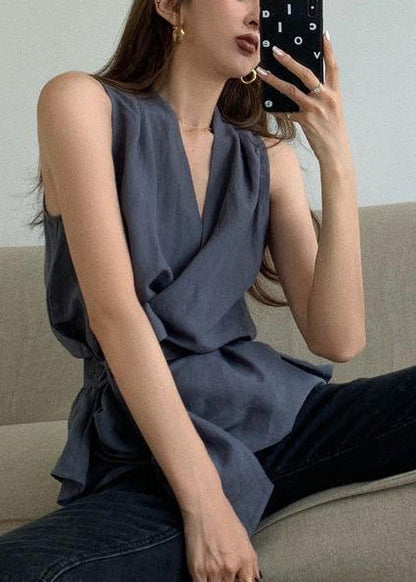 Simple Charcoal Grey Silm Linen Tunic Vest Summer