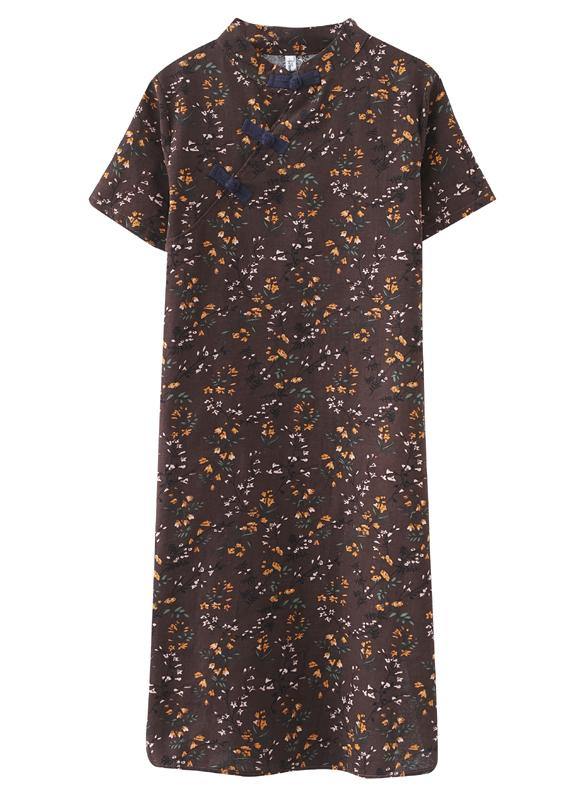 Simple Chocolate Print Oriental Maxi Summer Cotton Dress
